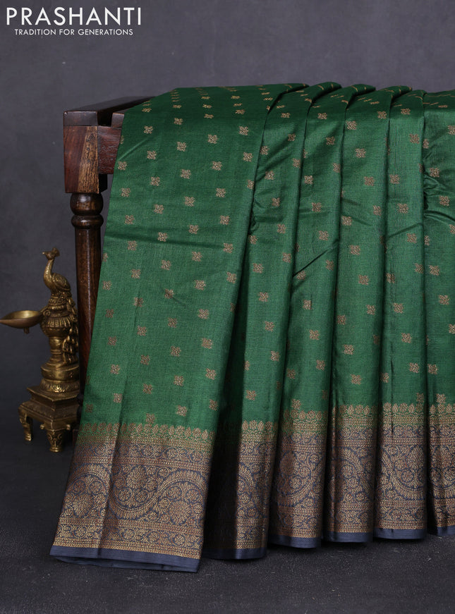 Banarasi tussar silk saree bottle green and grey with allover thread & zari woven buttas and woven border