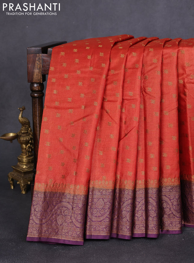 Banarasi tussar silk saree rustic orange and wine shade with allover thread & zari woven buttas and woven border