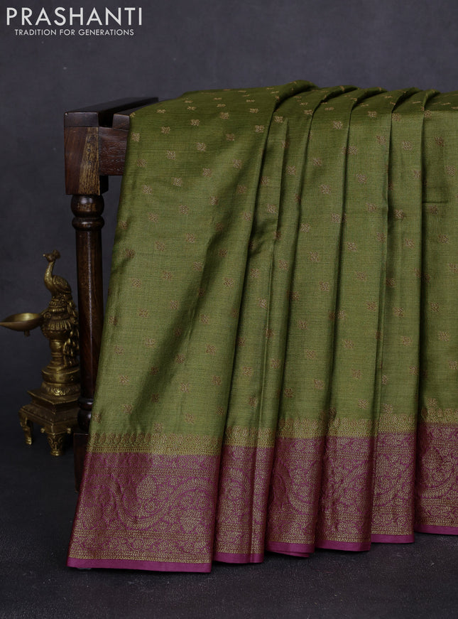 Banarasi tussar silk saree mehendi green and maroon with allover thread & zari woven buttas and woven border