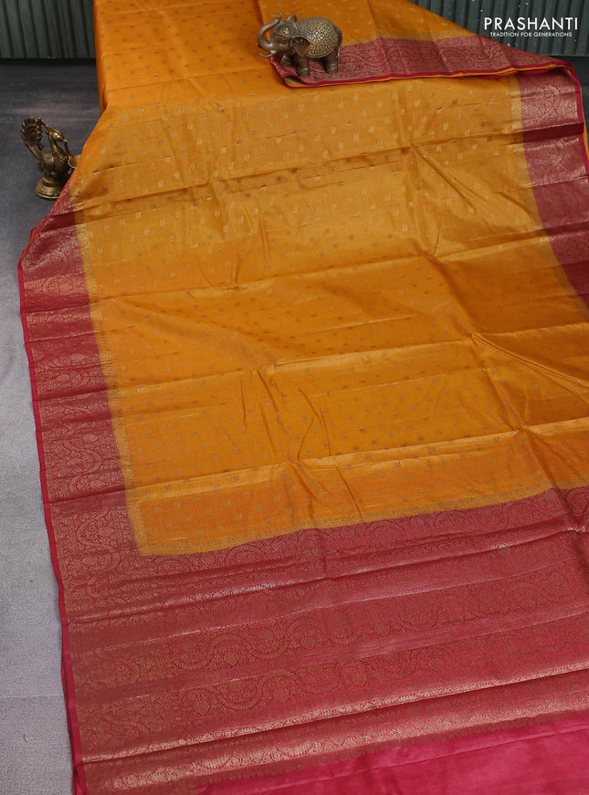 Banarasi tussar silk saree dark mustard and maroon with allover thread & zari woven buttas and woven border