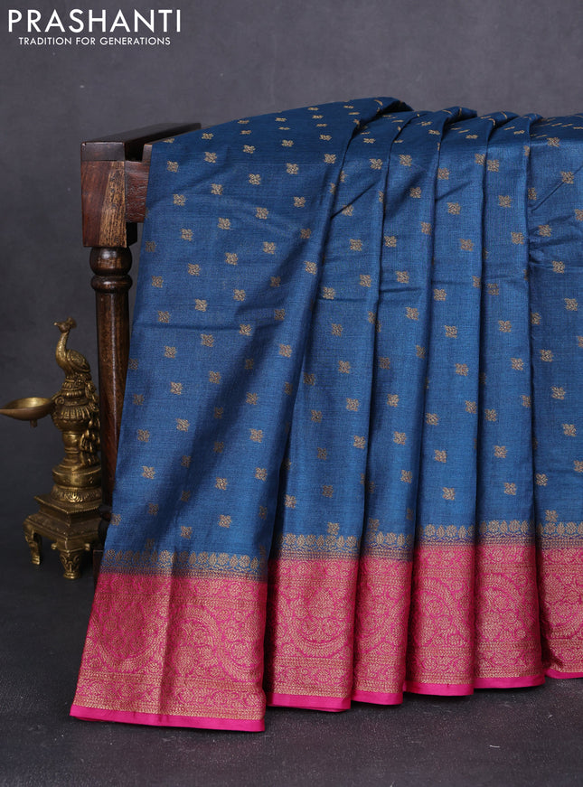 Banarasi tussar silk saree peacock blue and magenta pink with allover thread & zari woven buttas and woven border