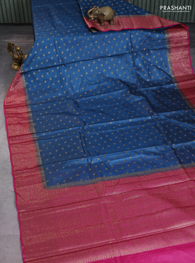 Banarasi tussar silk saree peacock blue and magenta pink with allover thread & zari woven buttas and woven border