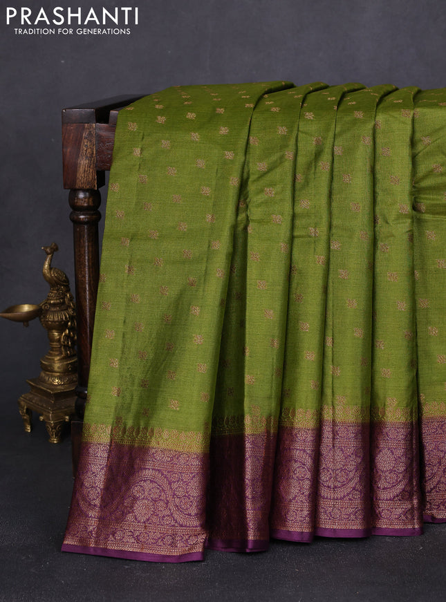 Banarasi tussar silk saree mehendi green and purple with allover thread & zari woven buttas and woven border