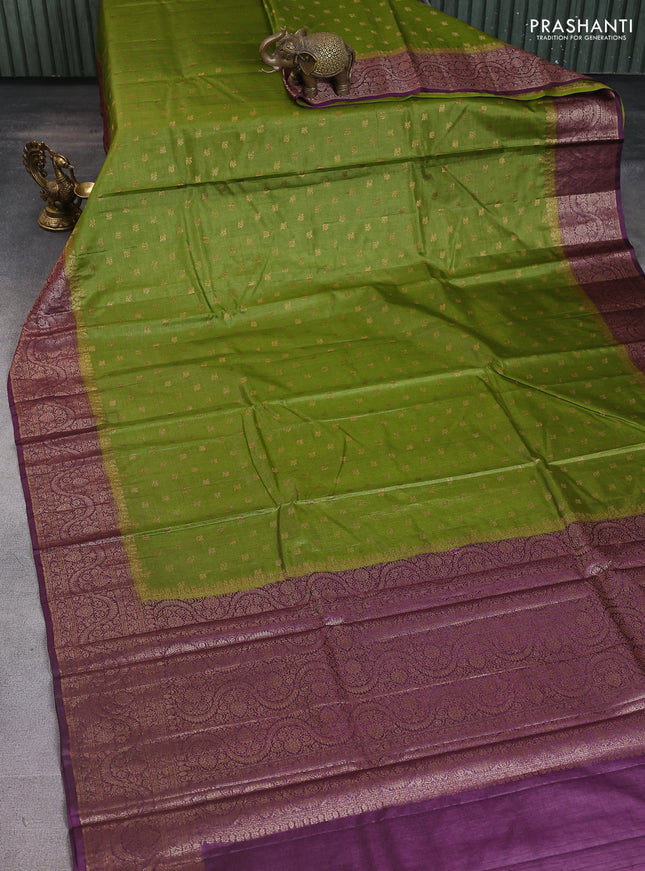 Banarasi tussar silk saree mehendi green and purple with allover thread & zari woven buttas and woven border