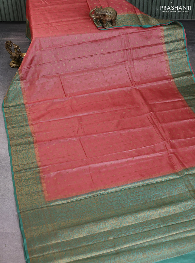Banarasi tussar silk saree dark peach and green with allover thread & zari woven buttas and woven border