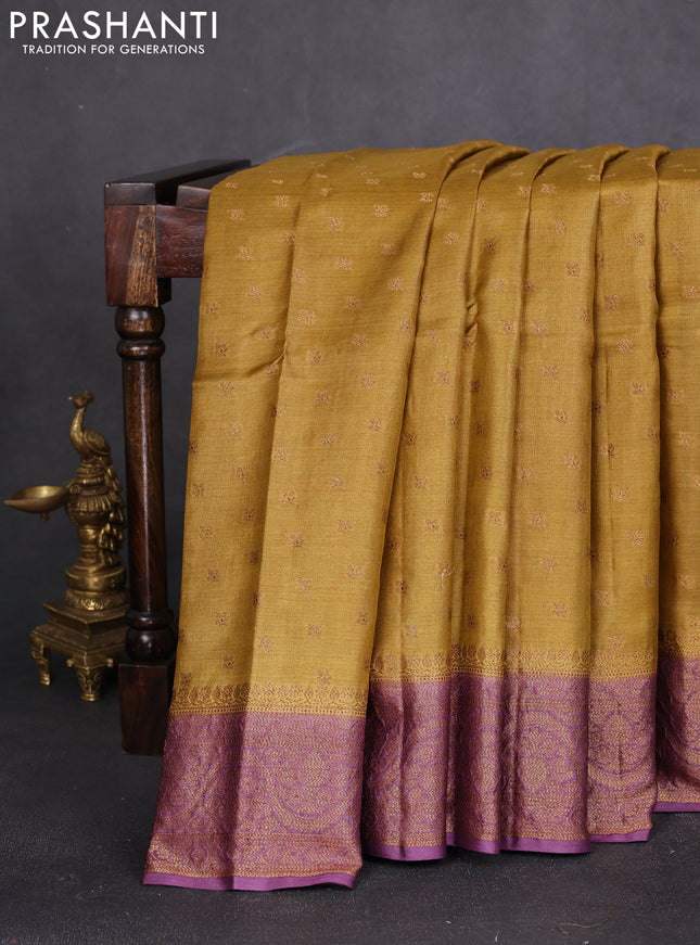 Banarasi tussar silk saree mustard green and purple with allover thread & zari woven buttas and woven border