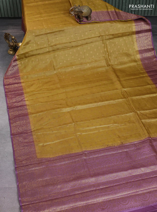 Banarasi tussar silk saree mustard green and purple with allover thread & zari woven buttas and woven border