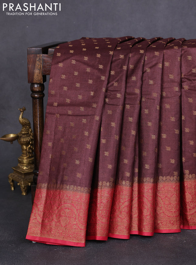 Banarasi tussar silk saree coffee brown and maroon with allover thread & zari woven buttas and woven border