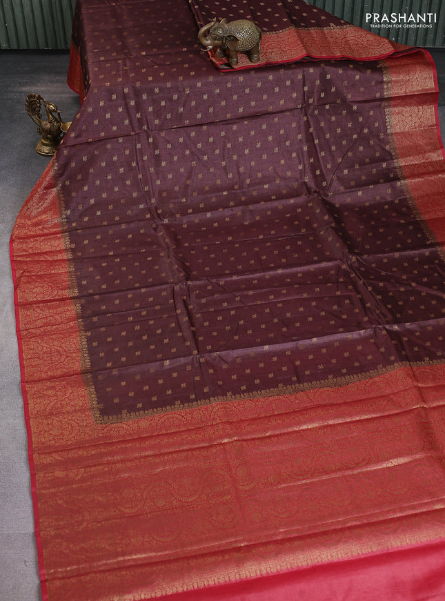 Banarasi tussar silk saree coffee brown and maroon with allover thread & zari woven buttas and woven border