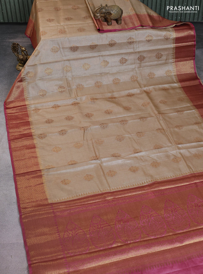 Banarasi tussar silk saree beige and maroon with thread & zari woven buttas and woven border