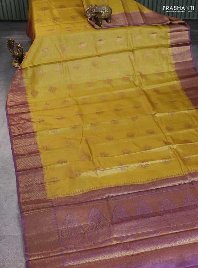 Banarasi tussar silk saree mustard yellow and purple with thread & zari woven buttas and woven border