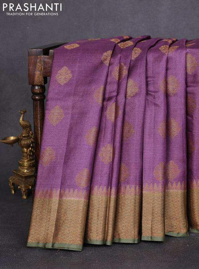 Banarasi tussar silk saree purple and mehendi green with thread & zari woven buttas and woven border