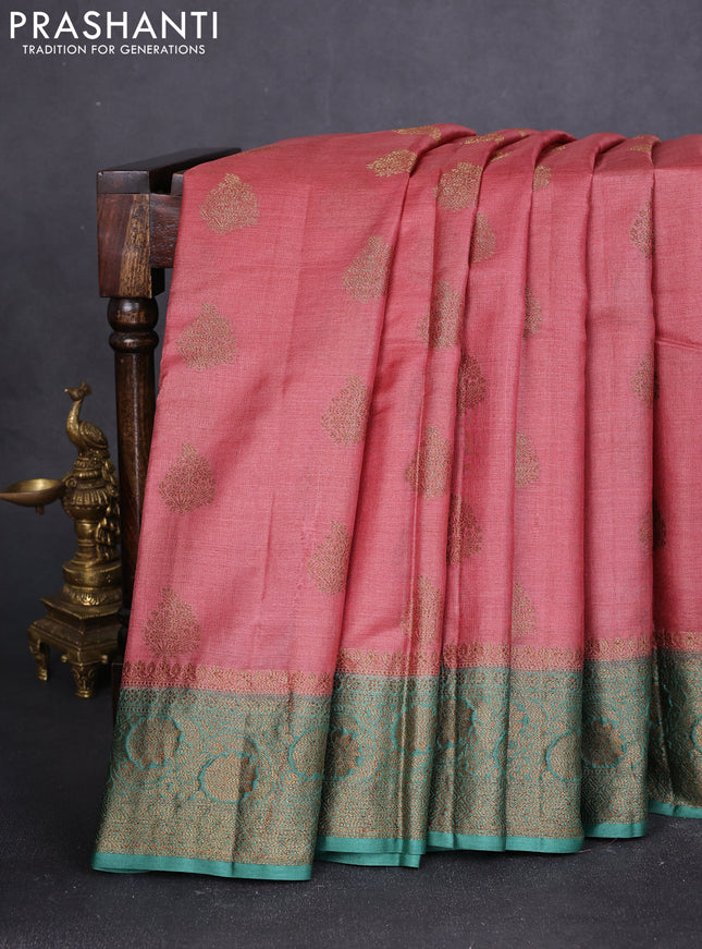 Banarasi tussar silk saree dark peach and green with thread & zari woven buttas and woven border