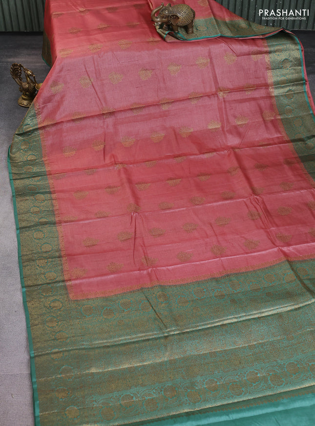 Banarasi tussar silk saree dark peach and green with thread & zari woven buttas and woven border