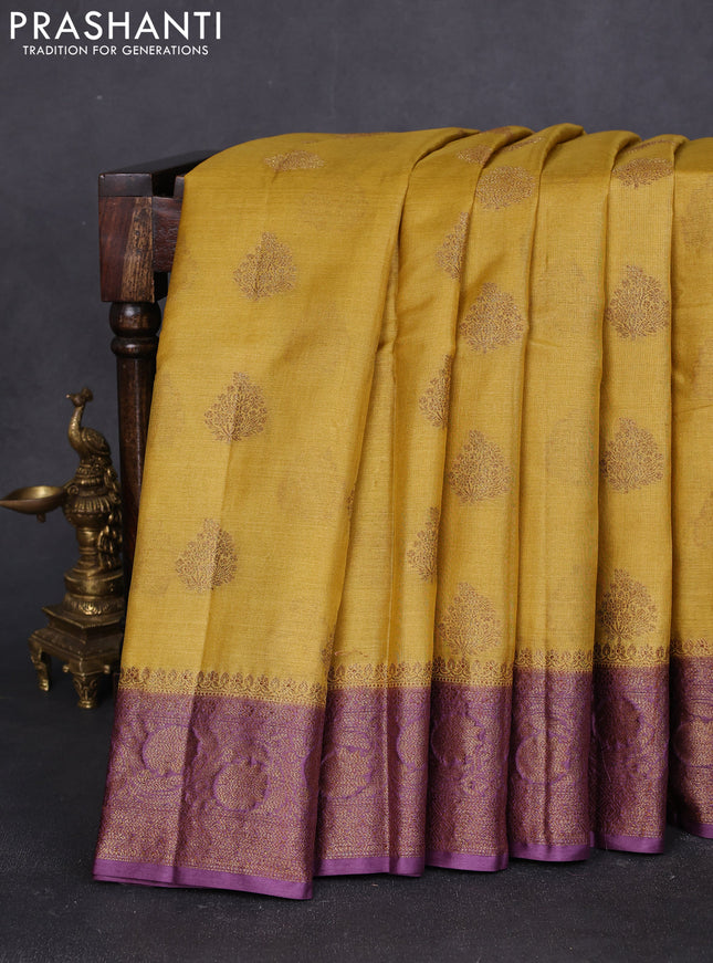 Banarasi tussar silk saree mustard yellow and purple with thread & zari woven buttas and woven border