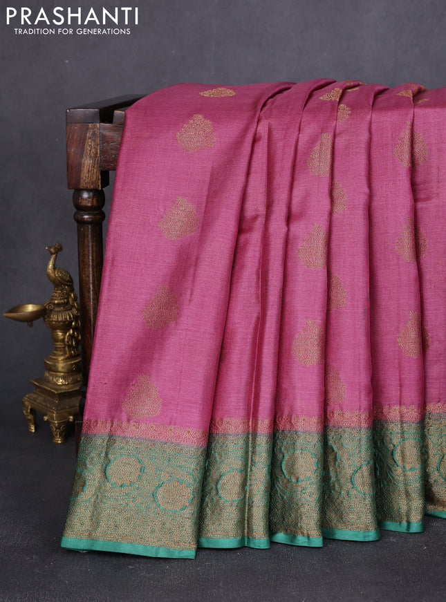 Banarasi tussar silk saree pink and green with thread & zari woven buttas and woven border