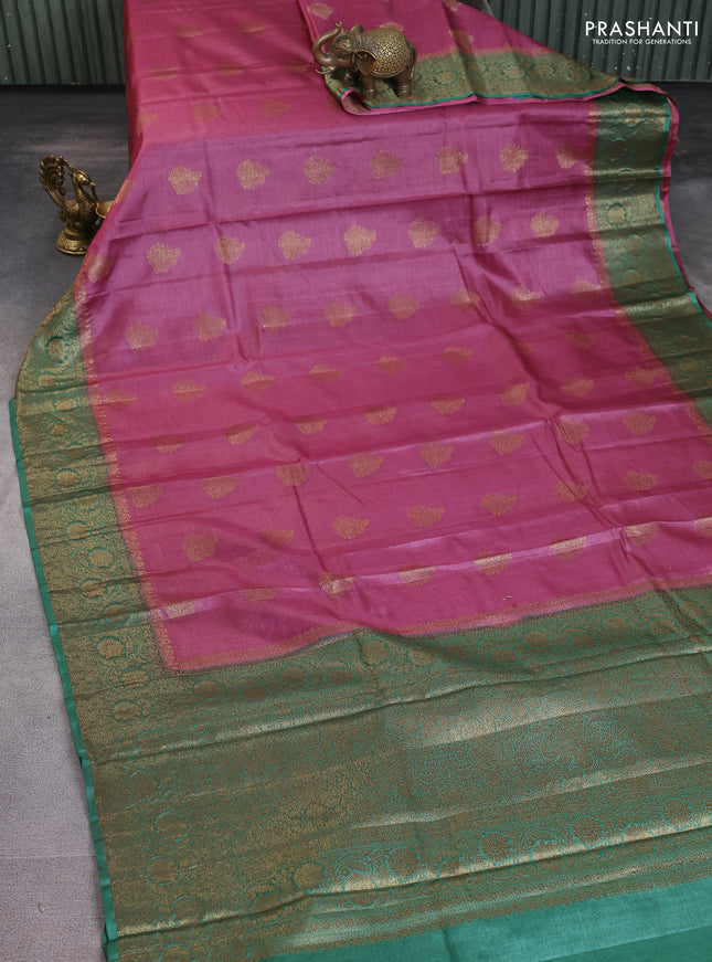 Banarasi tussar silk saree pink and green with thread & zari woven buttas and woven border