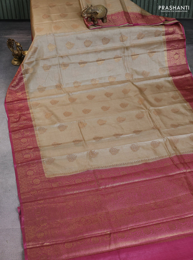 Banarasi tussar silk saree beige and pink with thread & zari woven buttas and woven border