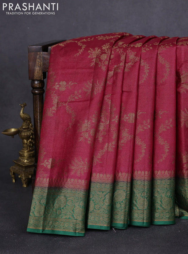 Banarasi tussar silk saree maroon and green with allover thread & zari weaves and woven border