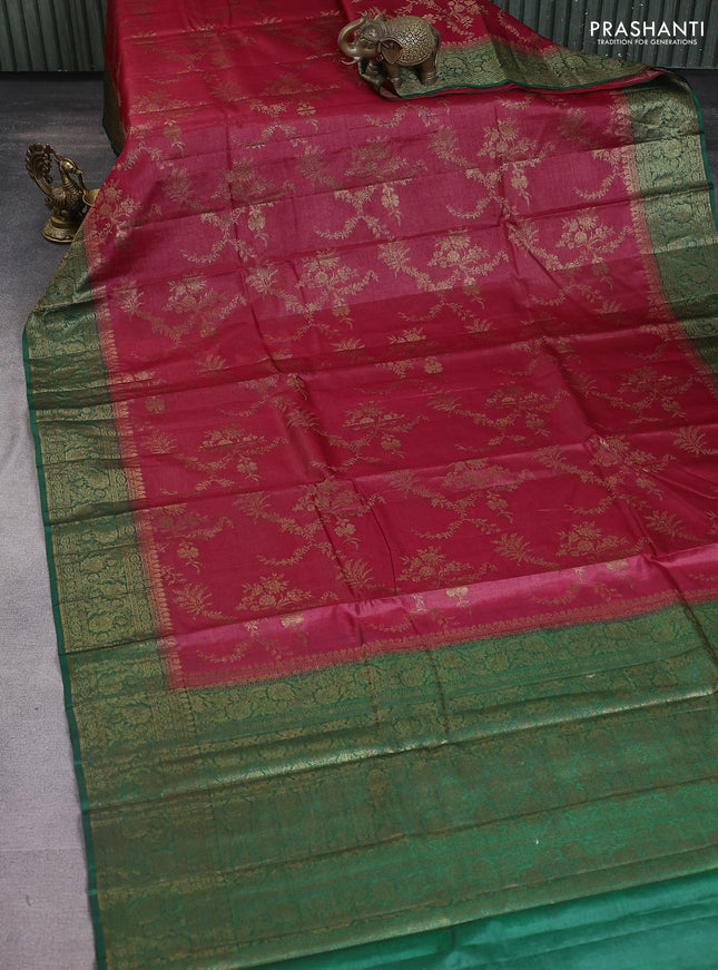 Banarasi tussar silk saree maroon and green with allover thread & zari weaves and woven border