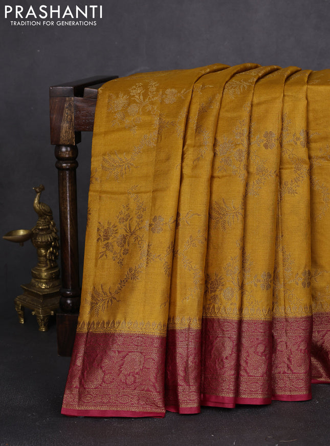 Banarasi tussar silk saree mustard yellow and maroon with allover thread & zari weaves and woven border