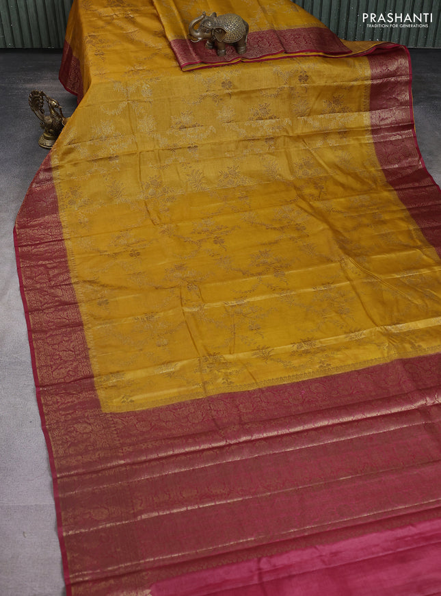 Banarasi tussar silk saree mustard yellow and maroon with allover thread & zari weaves and woven border