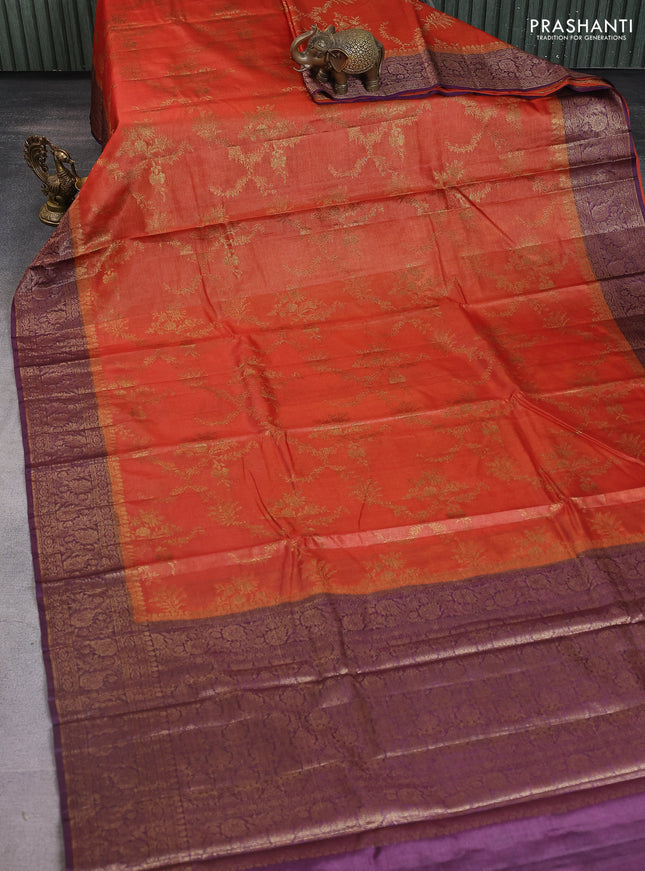 Banarasi tussar silk saree orange and purple with allover thread & zari weaves and woven border