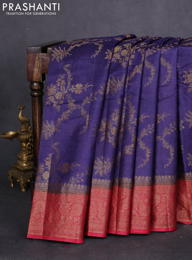 Banarasi tussar silk saree navy blue and maroon with allover thread & zari weaves and woven border