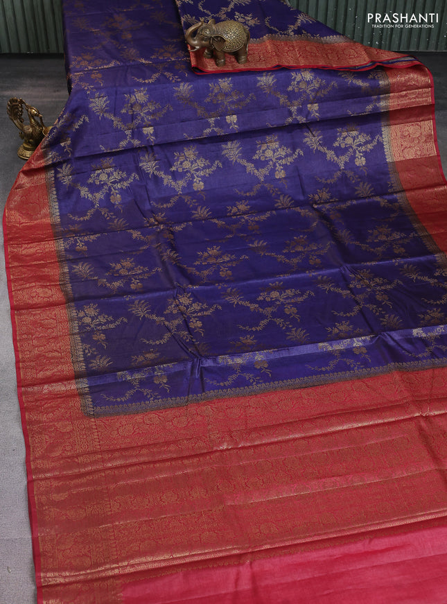 Banarasi tussar silk saree navy blue and maroon with allover thread & zari weaves and woven border