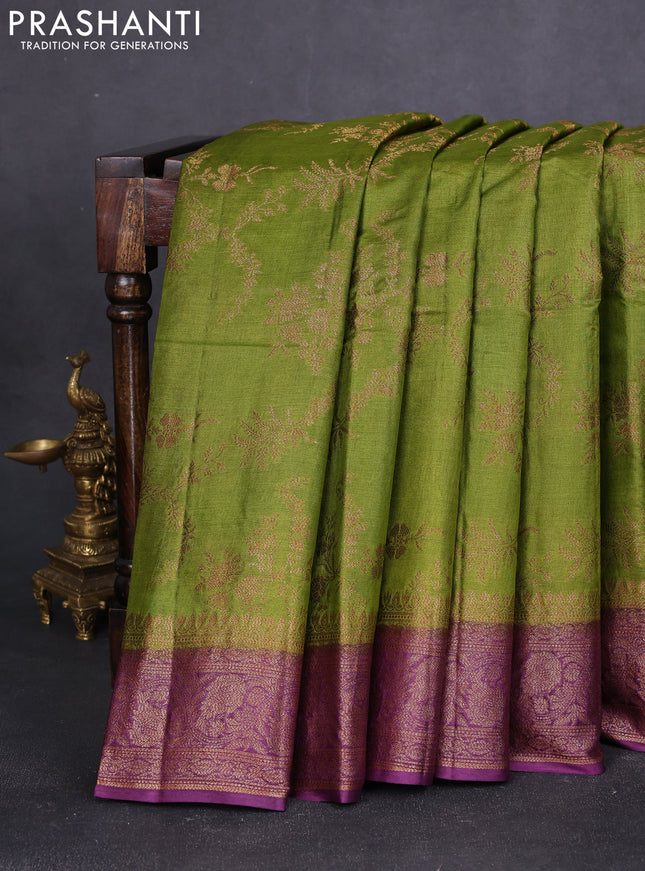 Banarasi tussar silk saree mehendi green and purple with allover thread & zari weaves and woven border