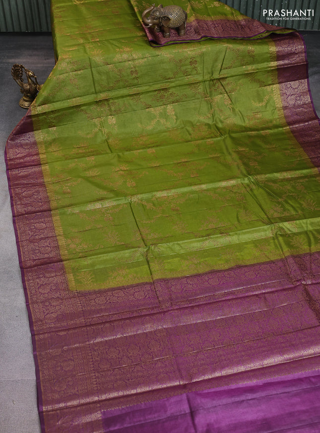 Banarasi tussar silk saree mehendi green and purple with allover thread & zari weaves and woven border