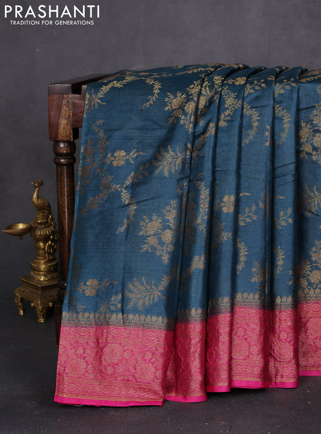 Banarasi tussar silk saree peacock blue and pink with allover thread & zari weaves and woven border