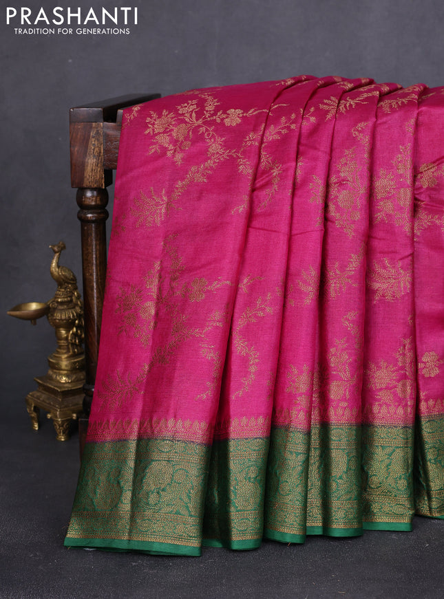 Banarasi tussar silk saree pink and green with allover thread & zari weaves and woven border