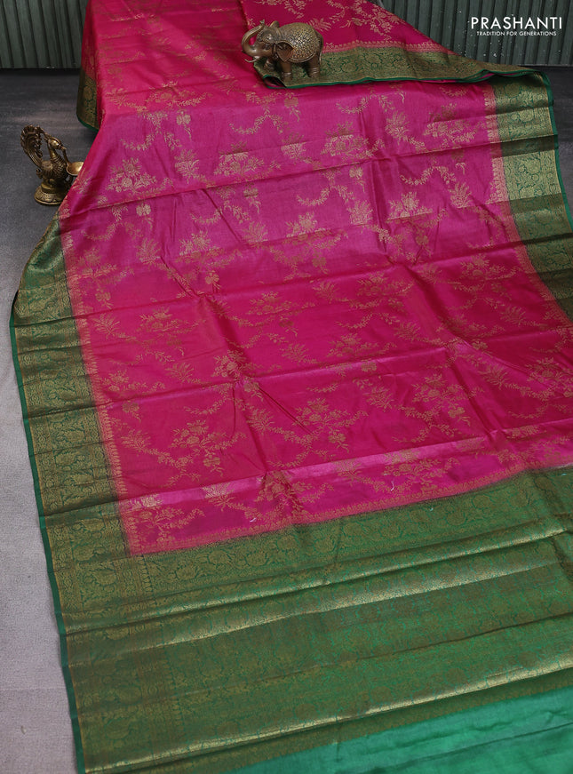 Banarasi tussar silk saree pink and green with allover thread & zari weaves and woven border