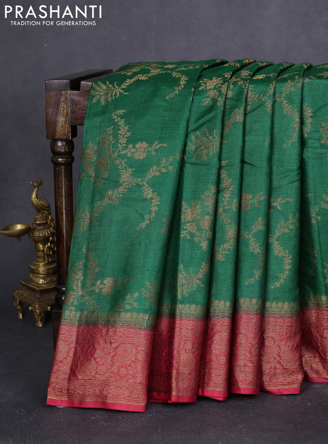Banarasi tussar silk saree green and maroon with allover thread & zari weaves and woven border