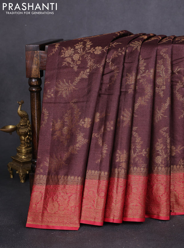 Banarasi tussar silk saree coffee brown and maroon with allover thread & zari weaves and woven border