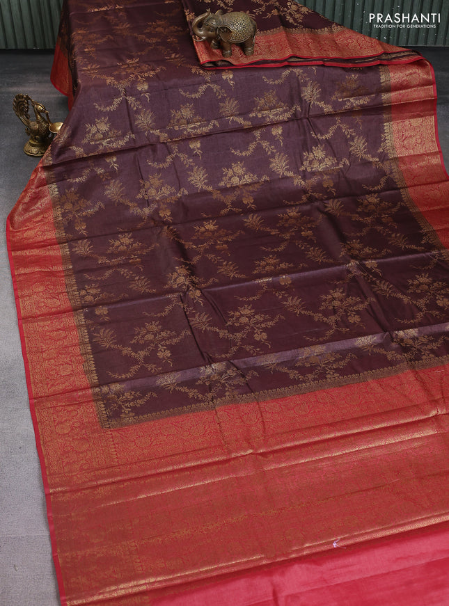 Banarasi tussar silk saree coffee brown and maroon with allover thread & zari weaves and woven border