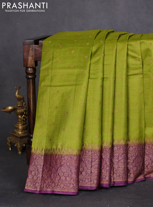 Banarasi tussar silk saree light green and purple with allover thread & zari woven buttas and woven border