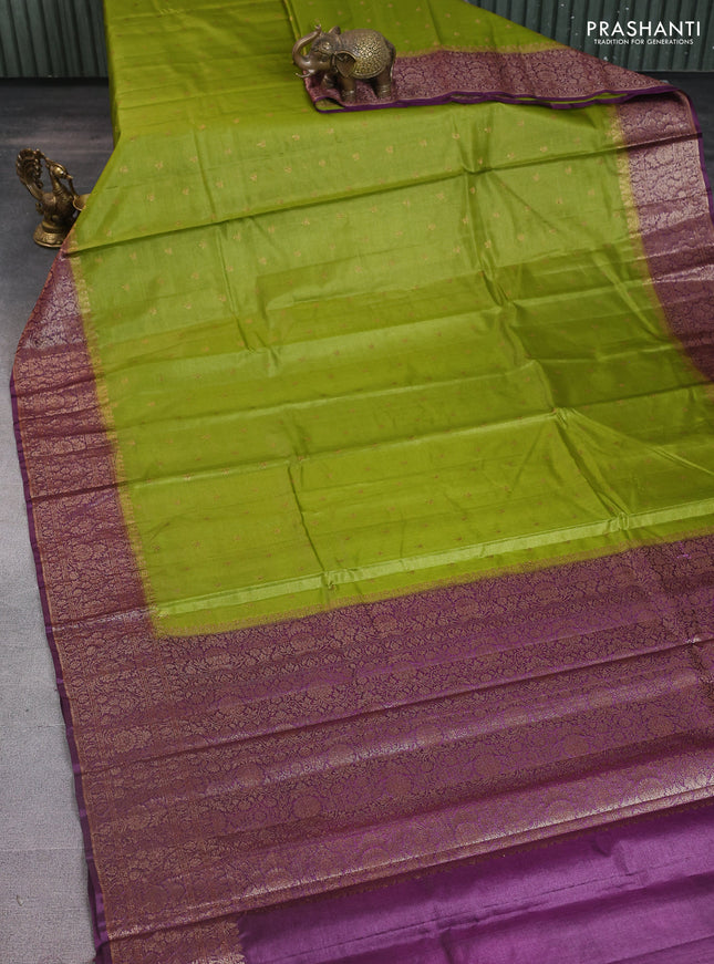 Banarasi tussar silk saree light green and purple with allover thread & zari woven buttas and woven border