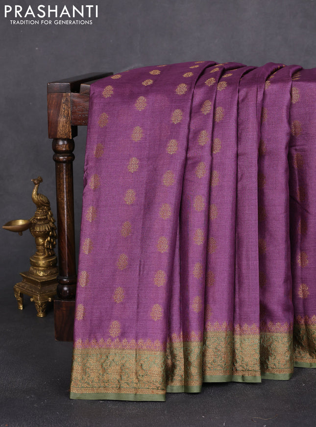 Banarasi tussar silk saree purple and mehendi green with allover thread & zari woven buttas and woven border