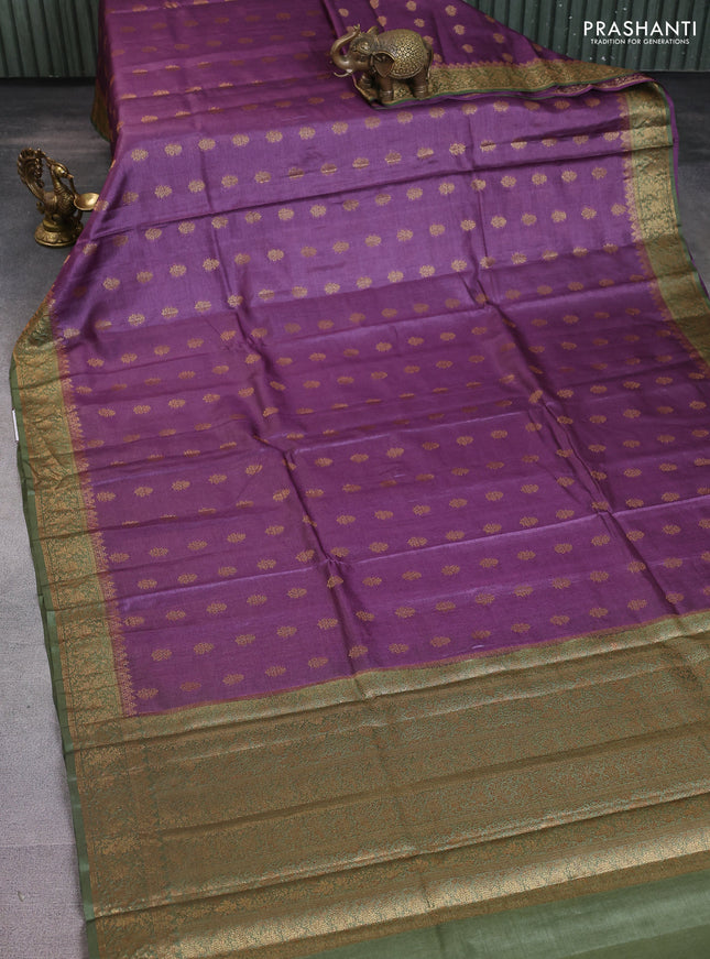 Banarasi tussar silk saree purple and mehendi green with allover thread & zari woven buttas and woven border