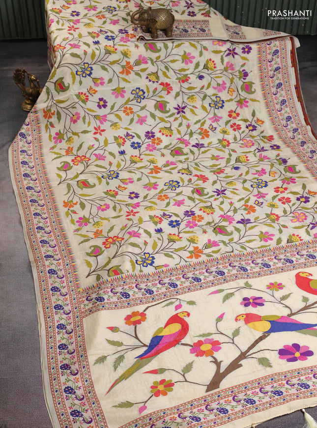 Dola silk saree cream with allover jamdhani thread weaves and peacock design thread woven border