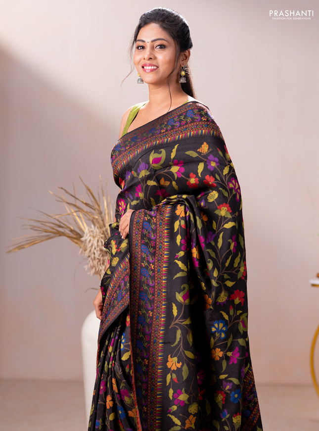 Dola silk saree black with allover jamdhani thread weaves and peacock design thread woven border
