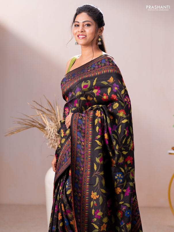 Dola silk saree black with allover jamdhani thread weaves and peacock design thread woven border