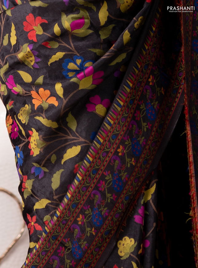 Dola silk saree black with allover jamdhani thread weaves and peacock design thread woven border