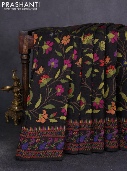 Dola silk saree black with allover jamdhani thread weaves and peacock design thread woven border