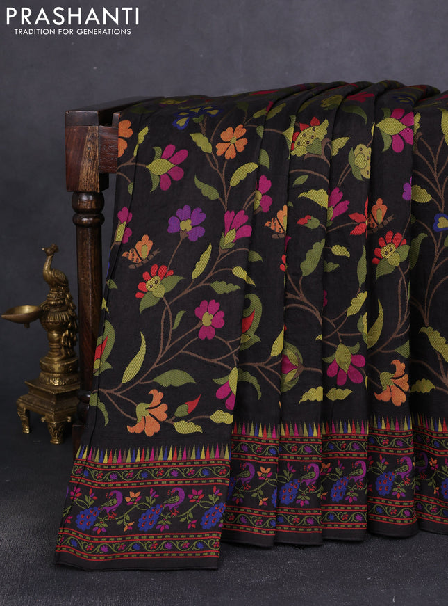 Dola silk saree black with allover jamdhani thread weaves and peacock design thread woven border