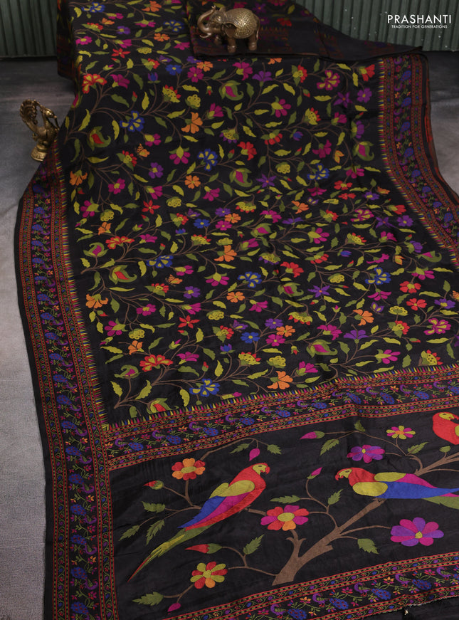 Dola silk saree black with allover jamdhani thread weaves and peacock design thread woven border