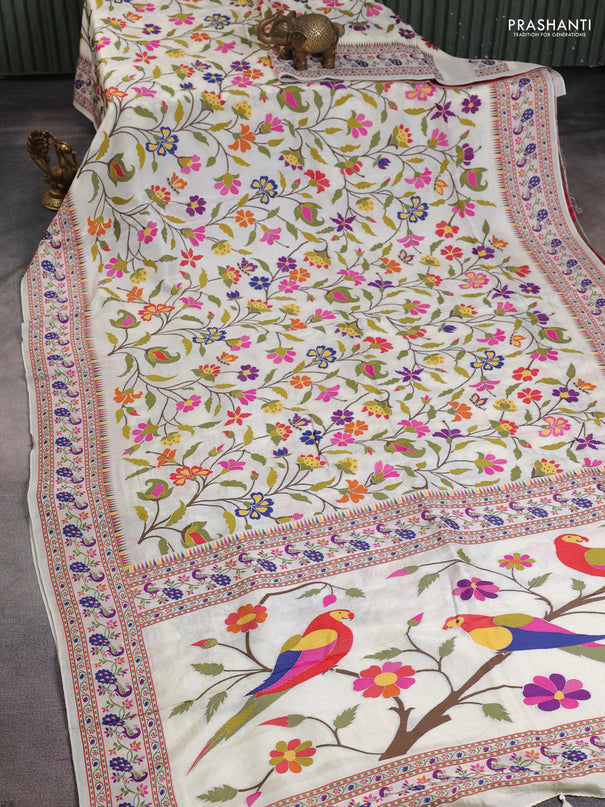 Dola silk saree off white with allover jamdhani thread weaves and peacock design thread woven border