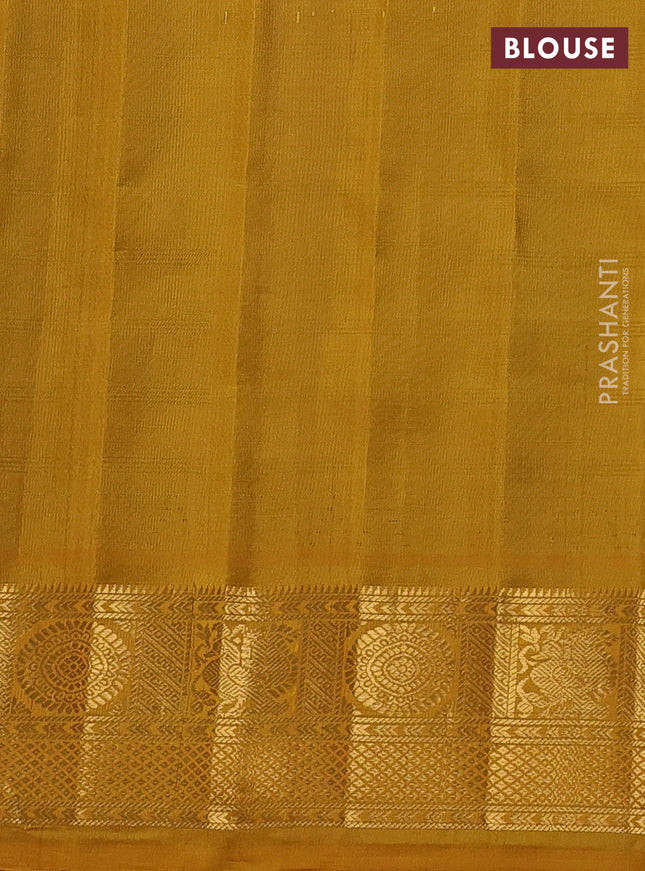 Pure gadwal silk saree teal bluish green and dark mustard with allover checks & zari buttas and temple design zari woven border